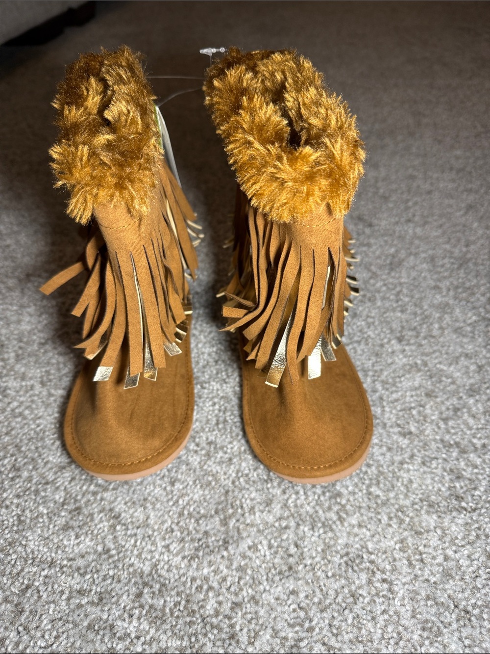 Crazy 8 Girls' Tan Fringe Moccasin Boots with Faux-Fur Trim, Size 9